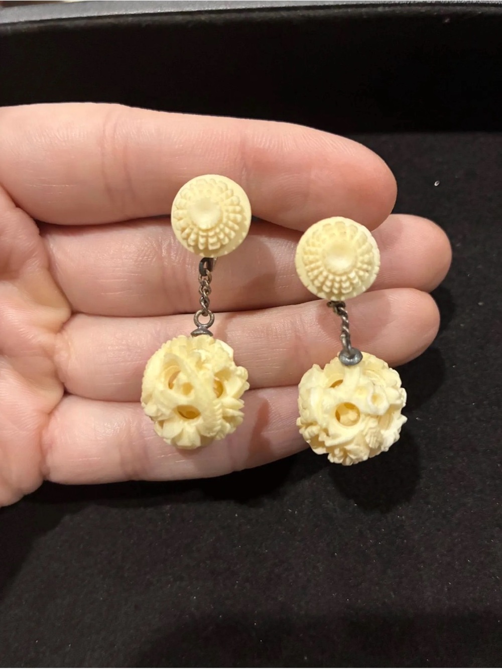 Vintage 1940s Chinese Puzzle Ball Bovine Bone Earrings